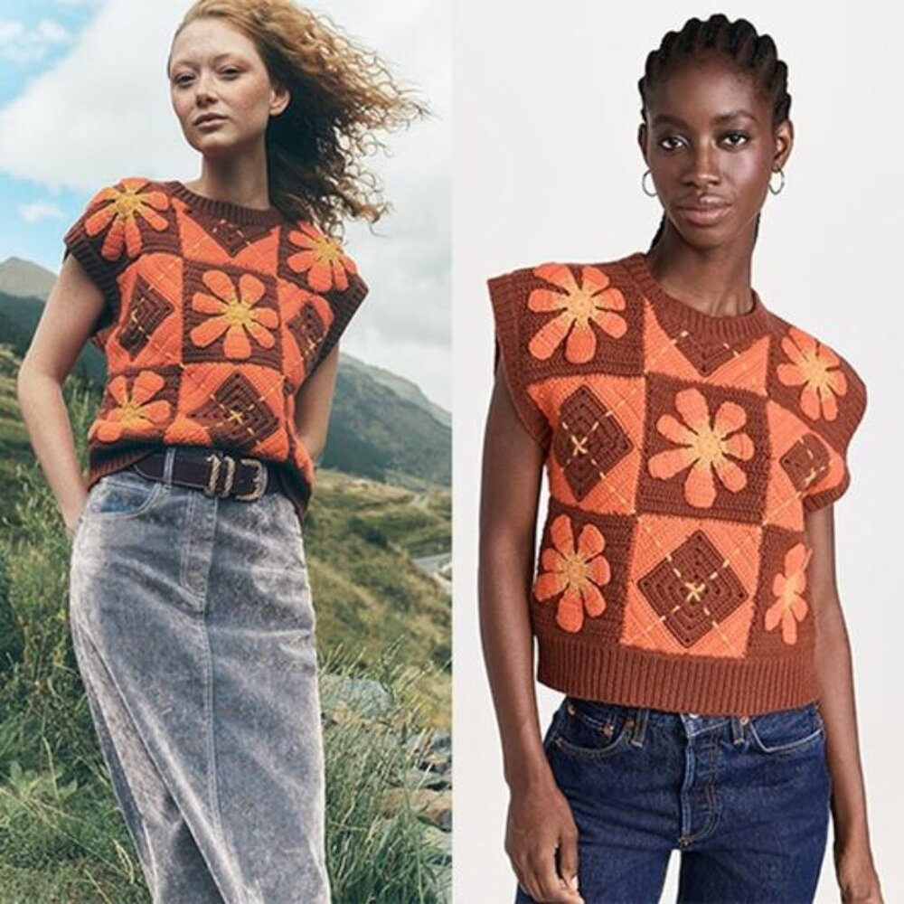 NWT Lingua Franca Argyle Flower Crochet Sleeveless Vest Sweater Top Orange